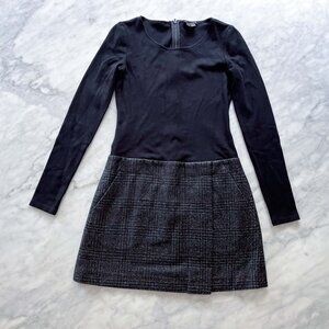 Theory Black Long Sleeve Mini Dress with Tweed Skirt Detail, Size 00